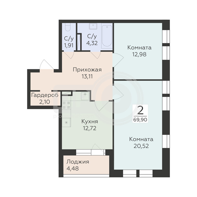 2-комнатная квартира, 69.9кв.м