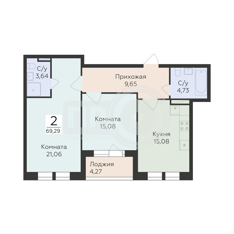 2-комнатная квартира, 69.29кв.м