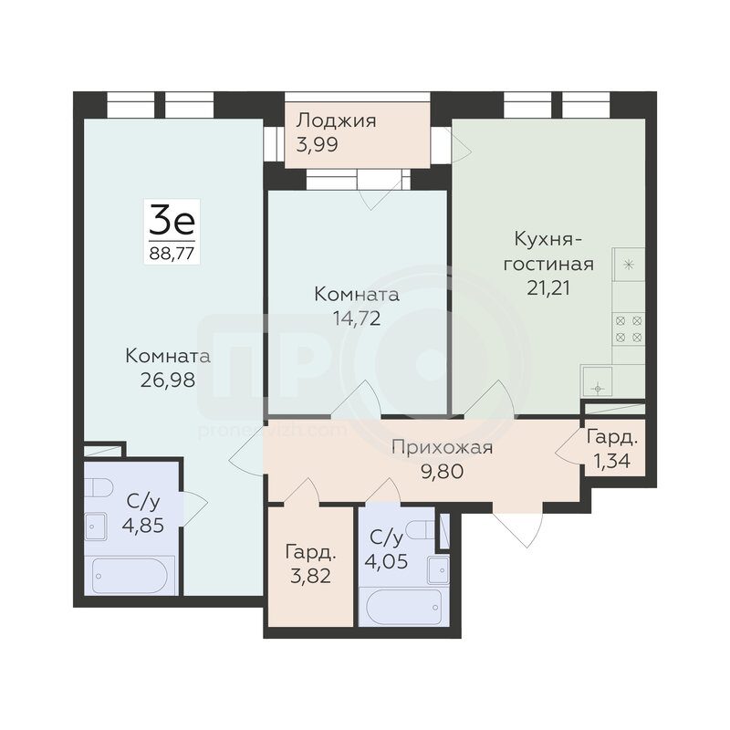 3-комнатная квартира, 88.77кв.м