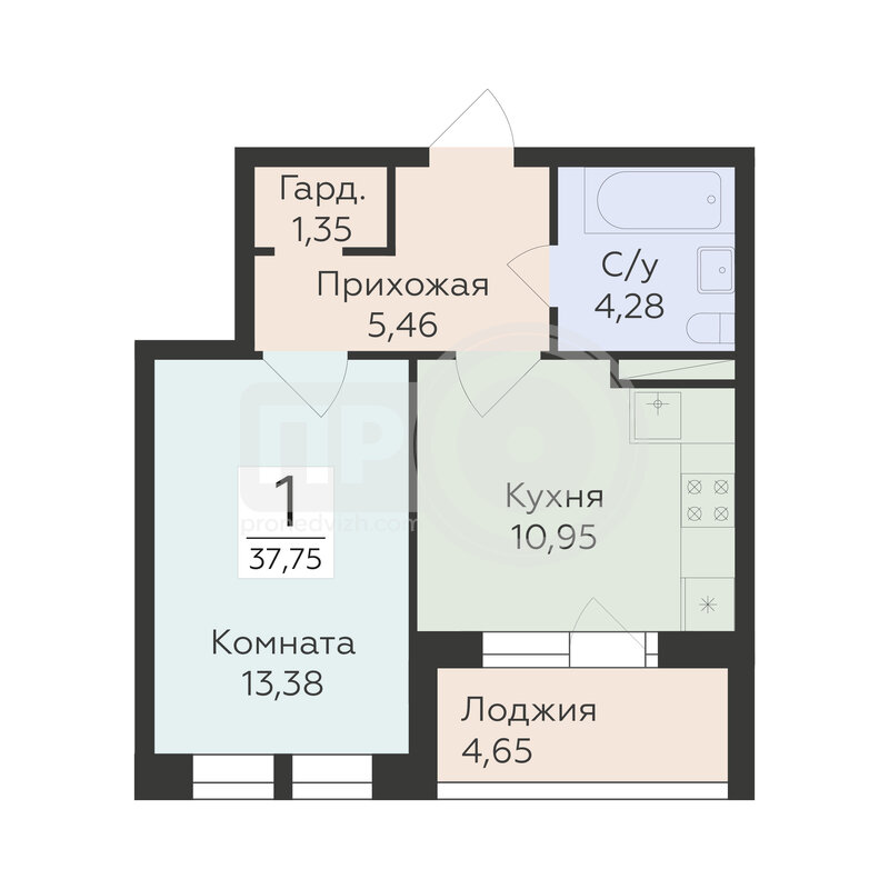 1-комнатная квартира, 37.75кв.м