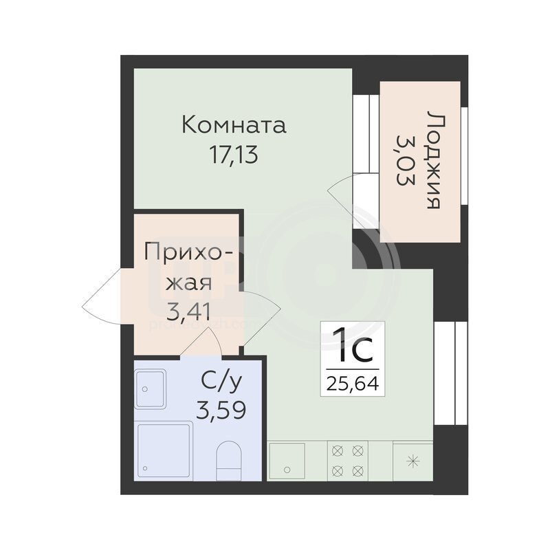 1-комнатная квартира, 25.64кв.м