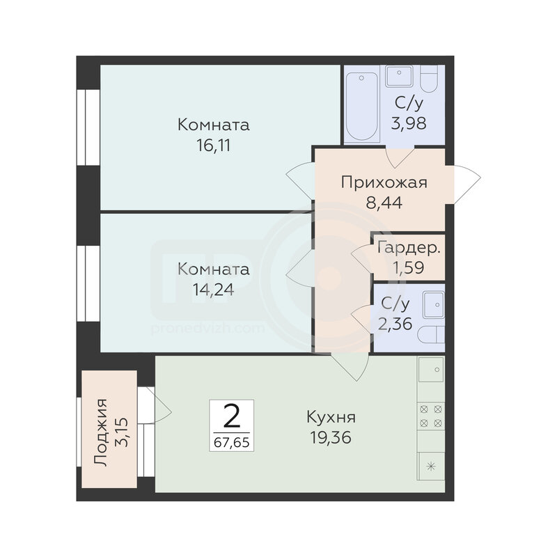 2-комнатная квартира, 67.65кв.м