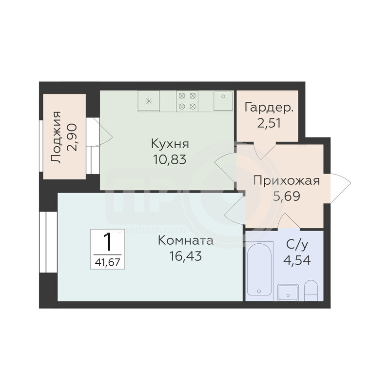 1-комнатная квартира, 41.67кв.м