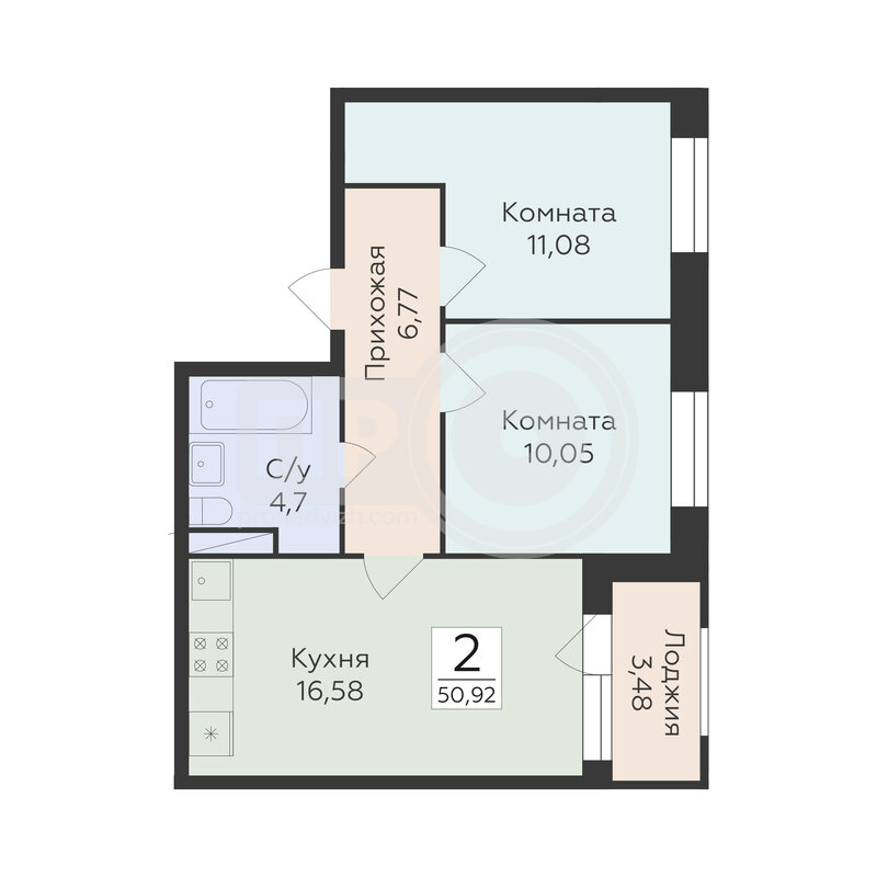 2-комнатная квартира, 50.92кв.м