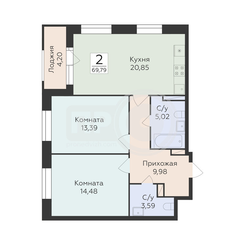 2-комнатная квартира, 69.79кв.м