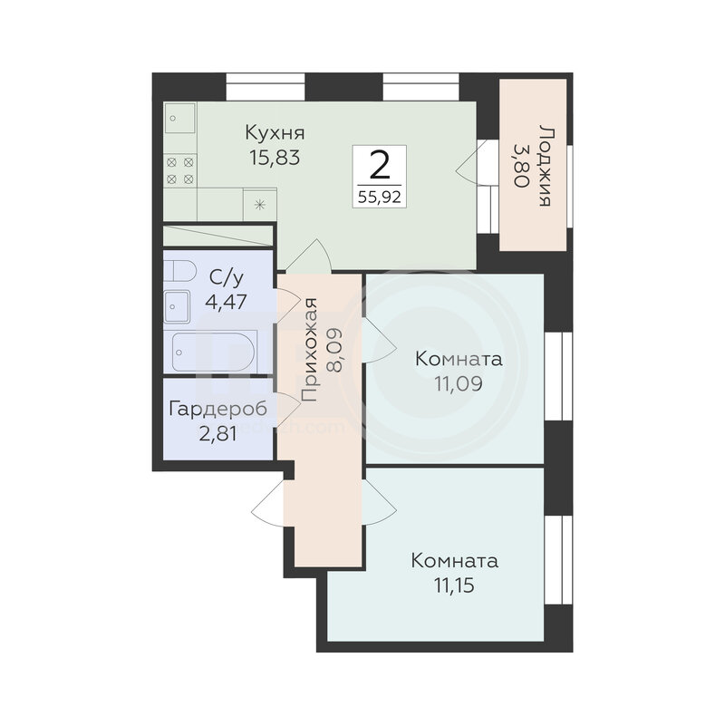 2-комнатная квартира, 55.92кв.м