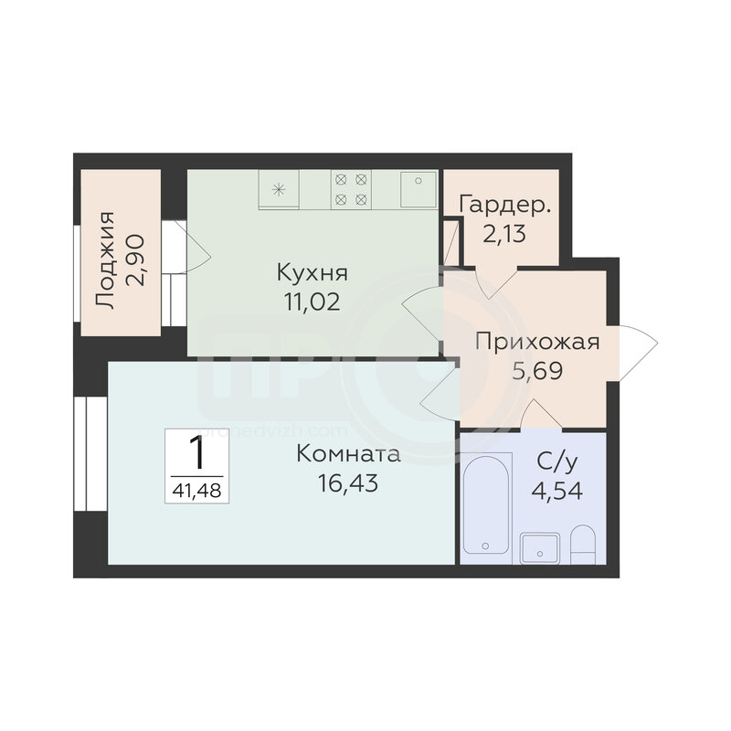 1-комнатная квартира, 41.48кв.м