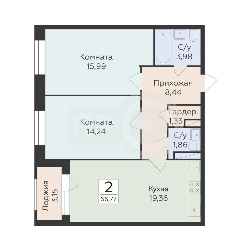 2-комнатная квартира, 66.77кв.м