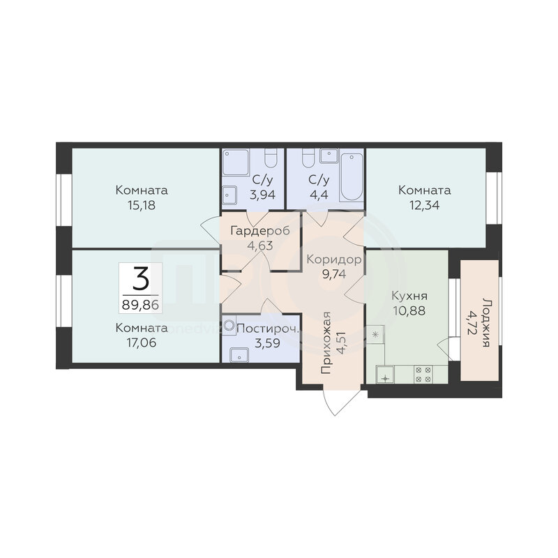3-комнатная квартира, 89.86кв.м