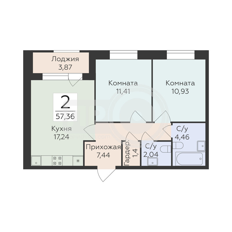 2-комнатная квартира, 57.36кв.м