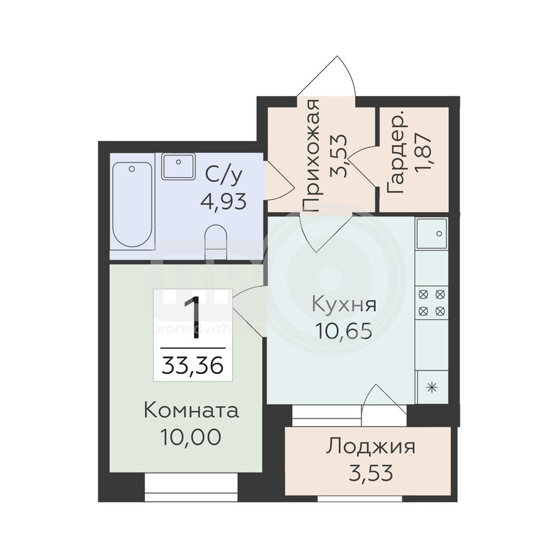 1-комнатная квартира, 33.36кв.м