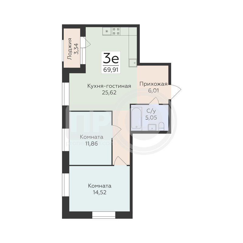 3-комнатная квартира, 69.91кв.м
