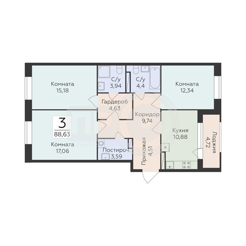 3-комнатная квартира, 88.63кв.м