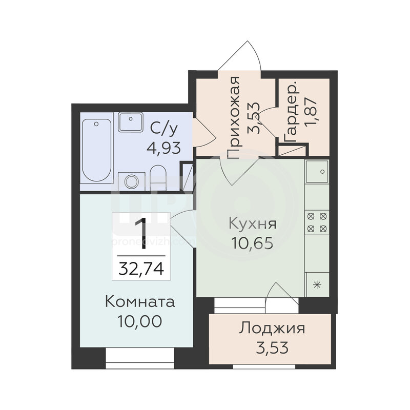 1-комнатная квартира, 32.74кв.м