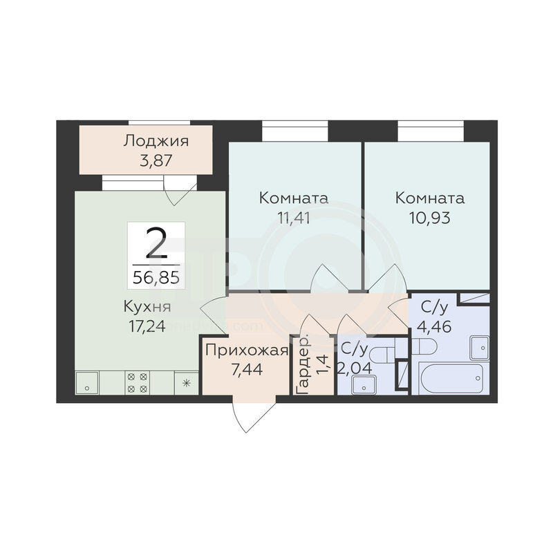 2-комнатная квартира, 56.85кв.м