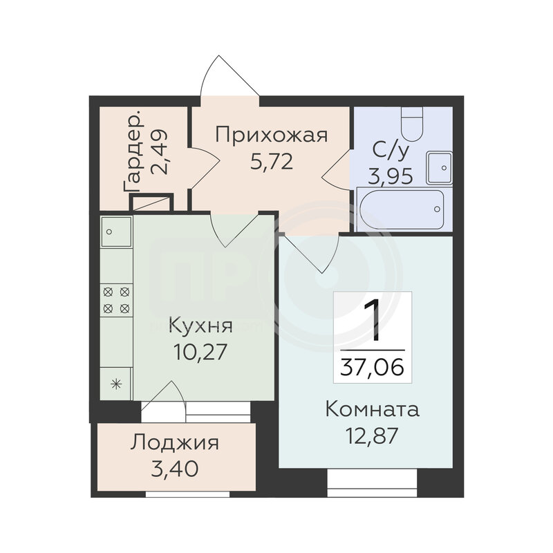 1-комнатная квартира, 37.06кв.м