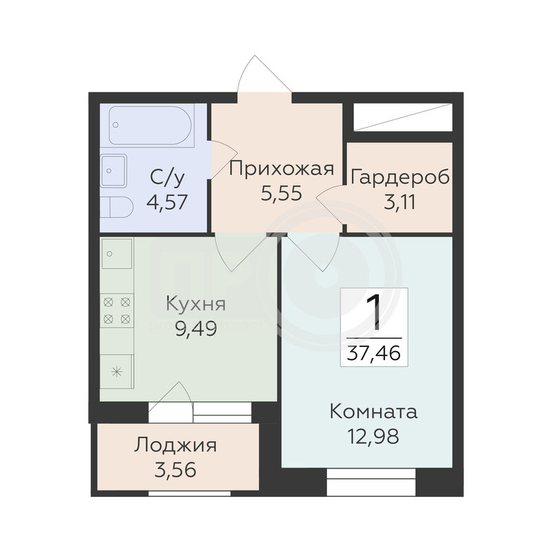 1-комнатная квартира, 37.46кв.м