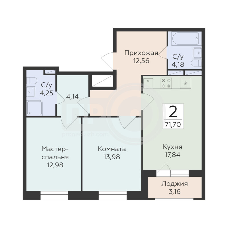 2-комнатная квартира, 71.7кв.м