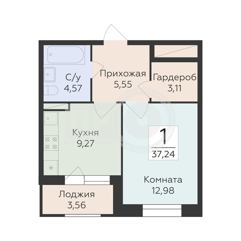 1-комнатная квартира, 37.24кв.м