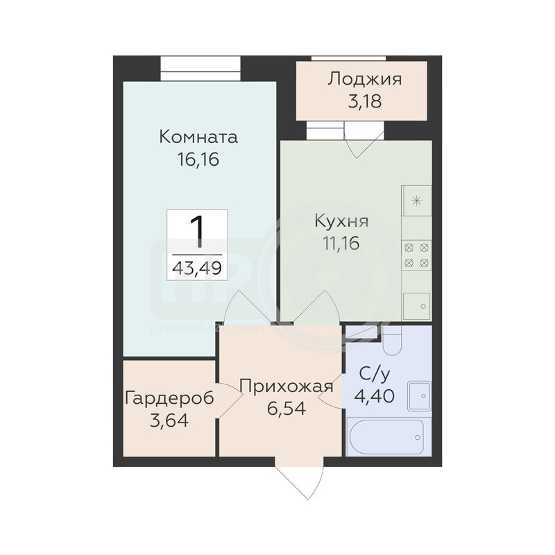 1-комнатная квартира, 43.49кв.м