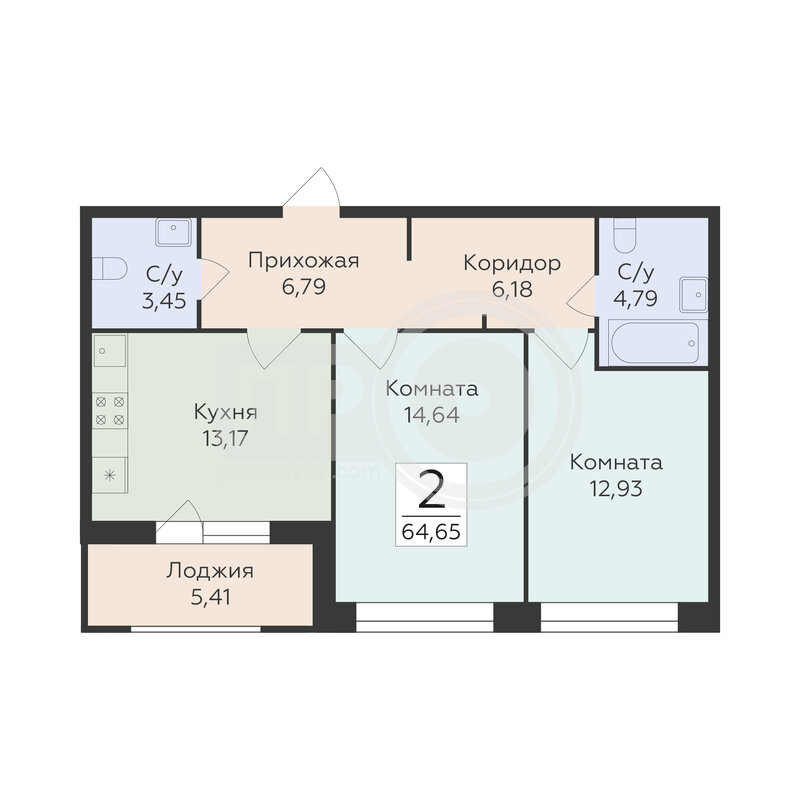 2-комнатная квартира, 64.65кв.м