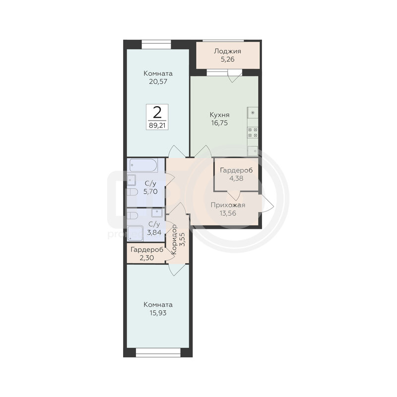 2-комнатная квартира, 89.21кв.м