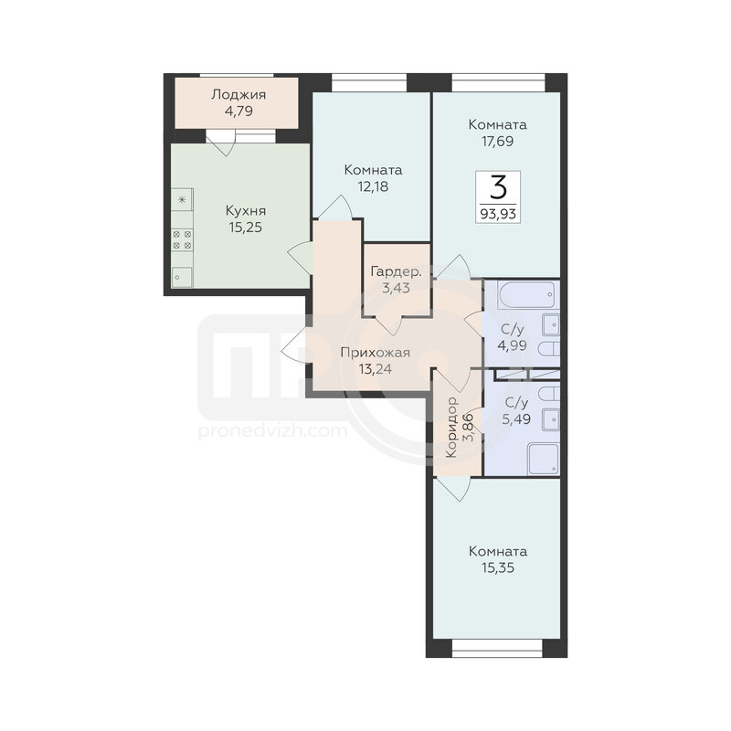 3-комнатная квартира, 93.93кв.м