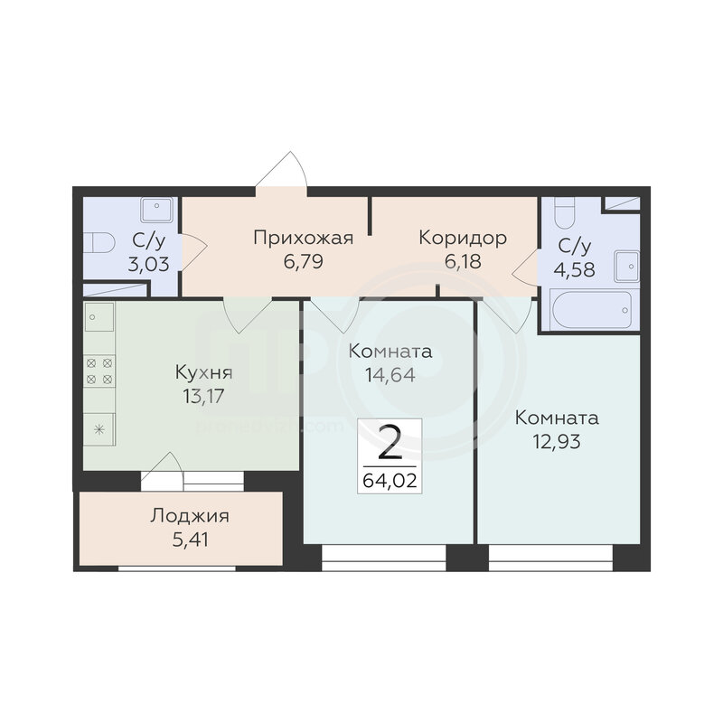 2-комнатная квартира, 64.02кв.м