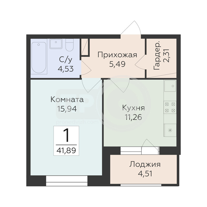 1-комнатная квартира, 41.89кв.м