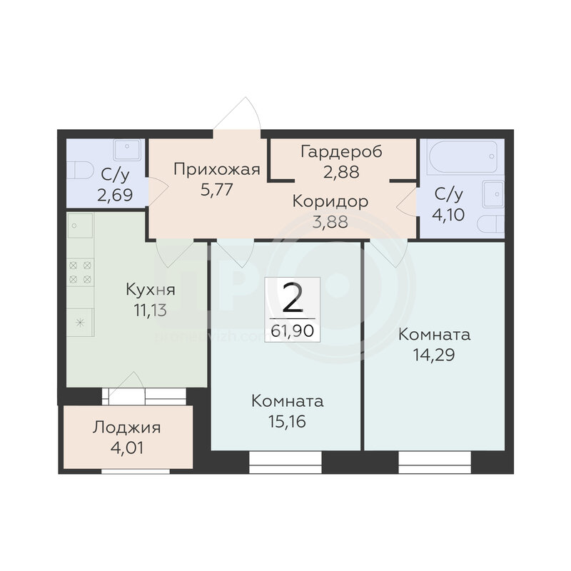 2-комнатная квартира, 61.9кв.м