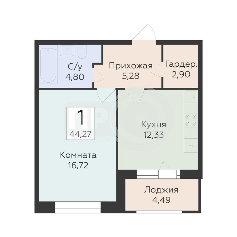 1-комнатная квартира, 44.27кв.м