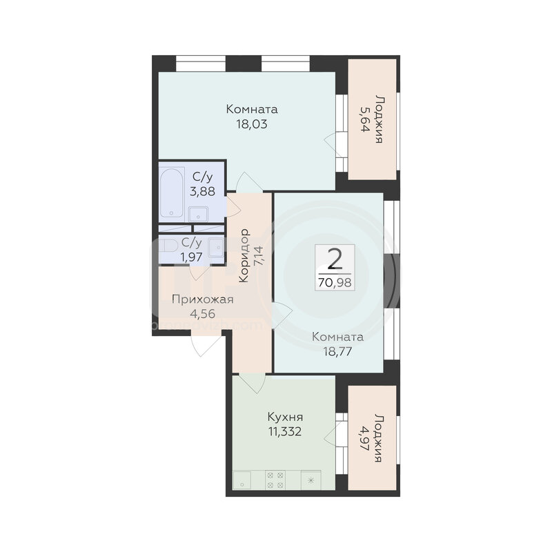 2-комнатная квартира, 70.98кв.м
