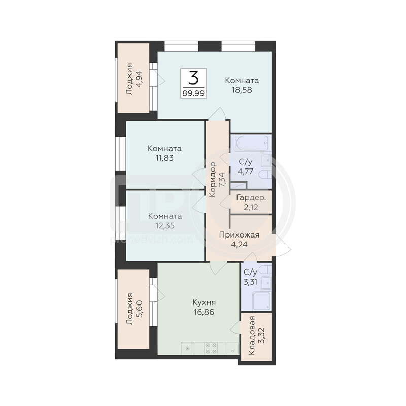 3-комнатная квартира, 89.99кв.м