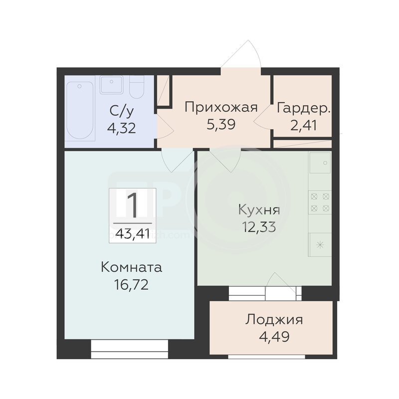 1-комнатная квартира, 43.41кв.м