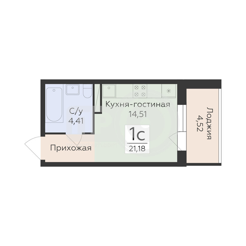 1-комнатная квартира, 21.18кв.м