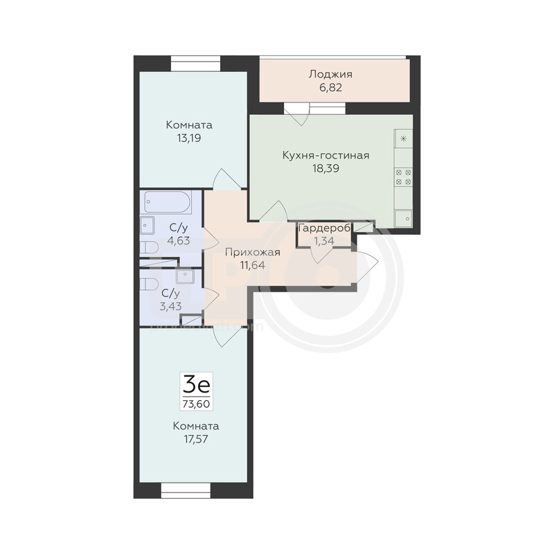 3-комнатная квартира, 73.6кв.м