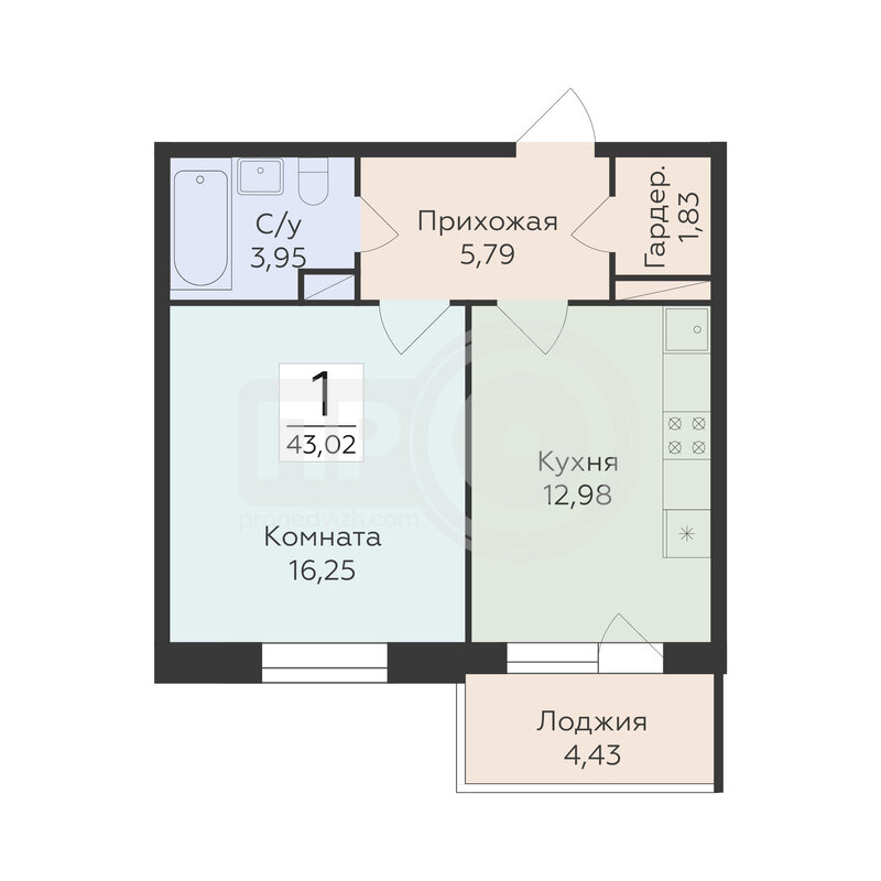 1-комнатная квартира, 43.02кв.м