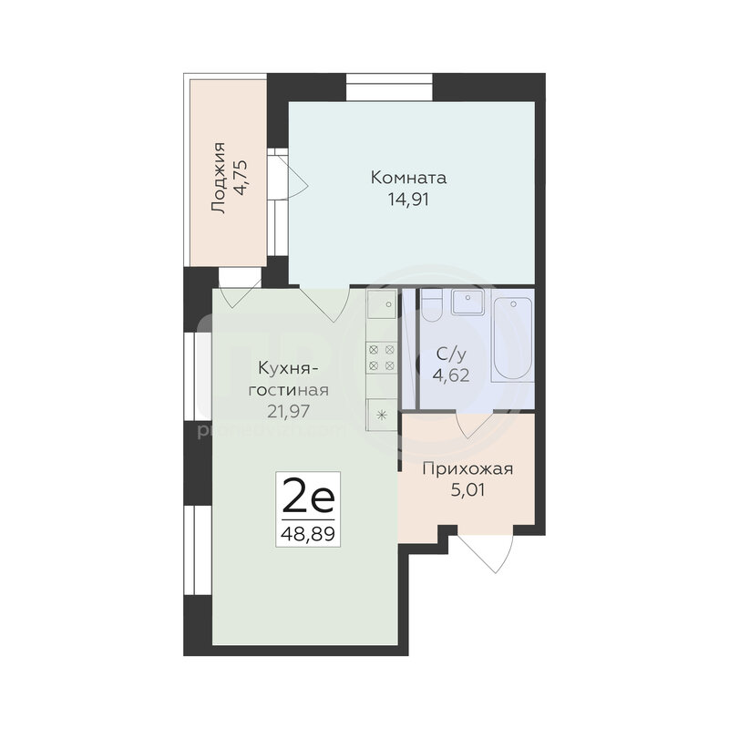 2-комнатная квартира, 48.89кв.м