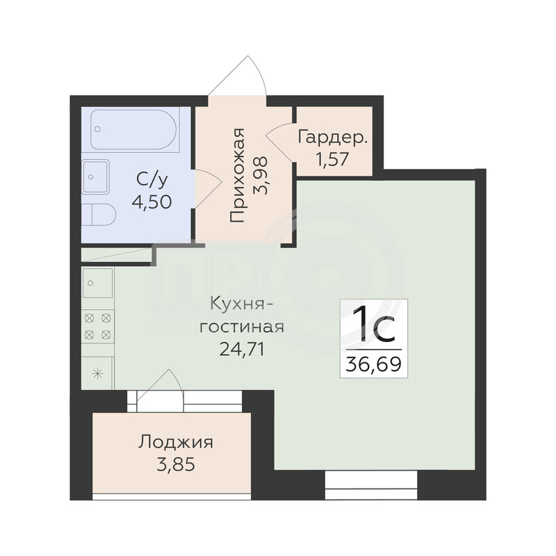 1-комнатная квартира, 39.69кв.м