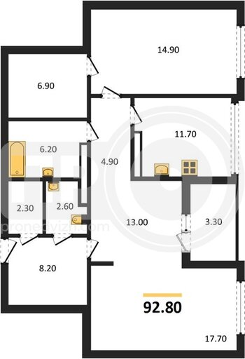 Миниатюра 2-комнатная квартира, 92.8кв.м