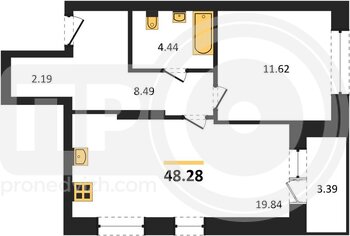Миниатюра 1-комнатная квартира, 48.28кв.м
