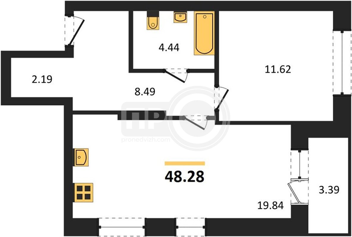 1-комнатная квартира, 48.28кв.м