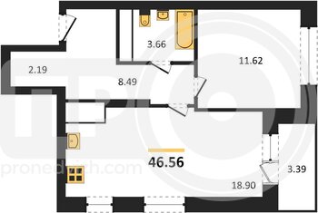 Миниатюра 1-комнатная квартира, 46.56кв.м