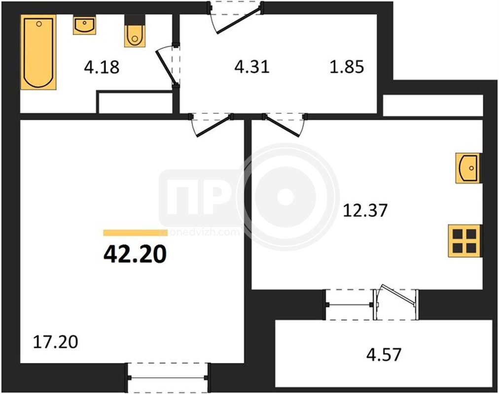 1-комнатная квартира, 42.2кв.м