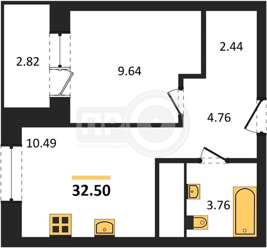 1-комнатная квартира, 32.5кв.м