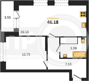Миниатюра 1-комнатная квартира, 46.18кв.м
