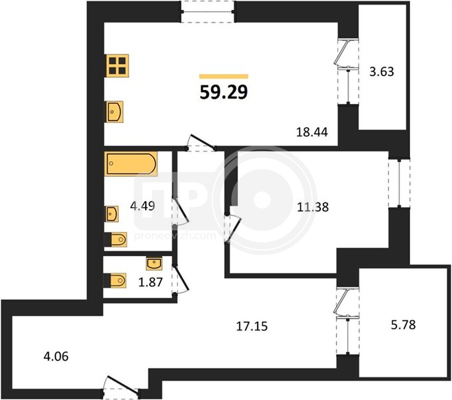 1-комнатная квартира, 59.29кв.м