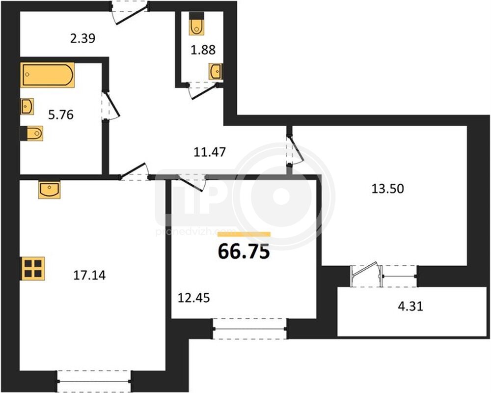 2-комнатная квартира, 66.75кв.м