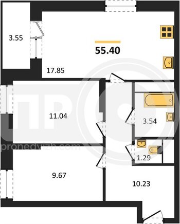 Миниатюра 2-комнатная квартира, 55.4кв.м