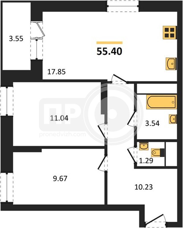 2-комнатная квартира, 55.4кв.м
